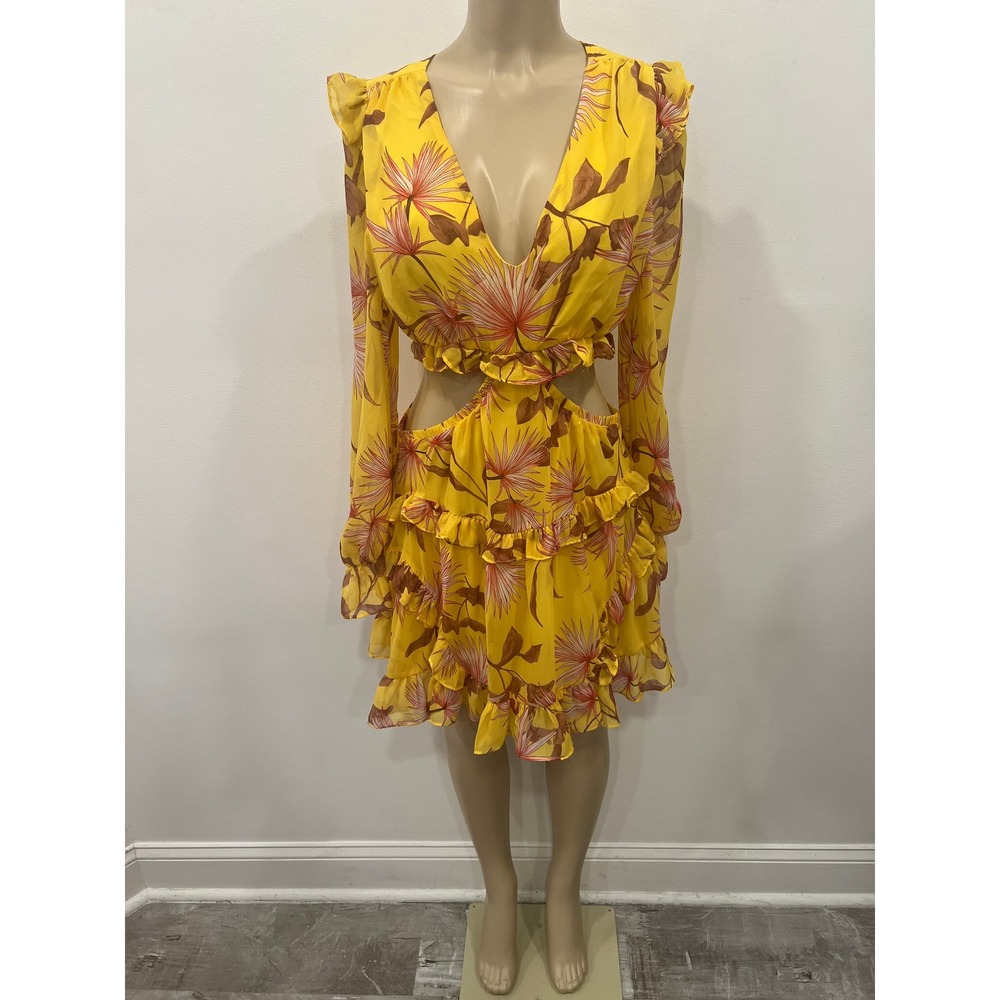 Privy Yellow Floral Long Sleeve Cutout Lace Up Mini Dress Women Size Medium